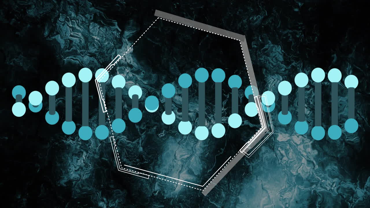 추상적인 어두운 배경 위에 dna 줄무와 기하학적 모양의 애니메이션