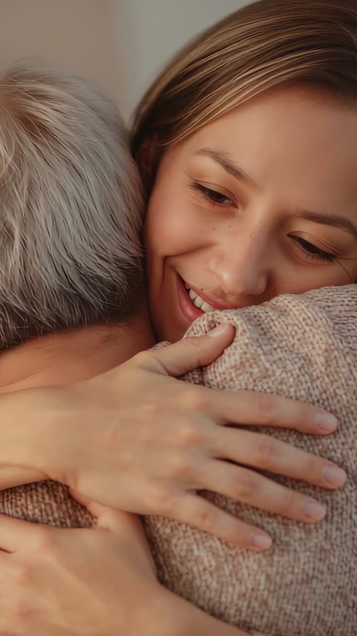 Video verticale: Avvicinandosi, una donna abbraccia un anziano, confortandolo a casa, con un maglione a maglia.