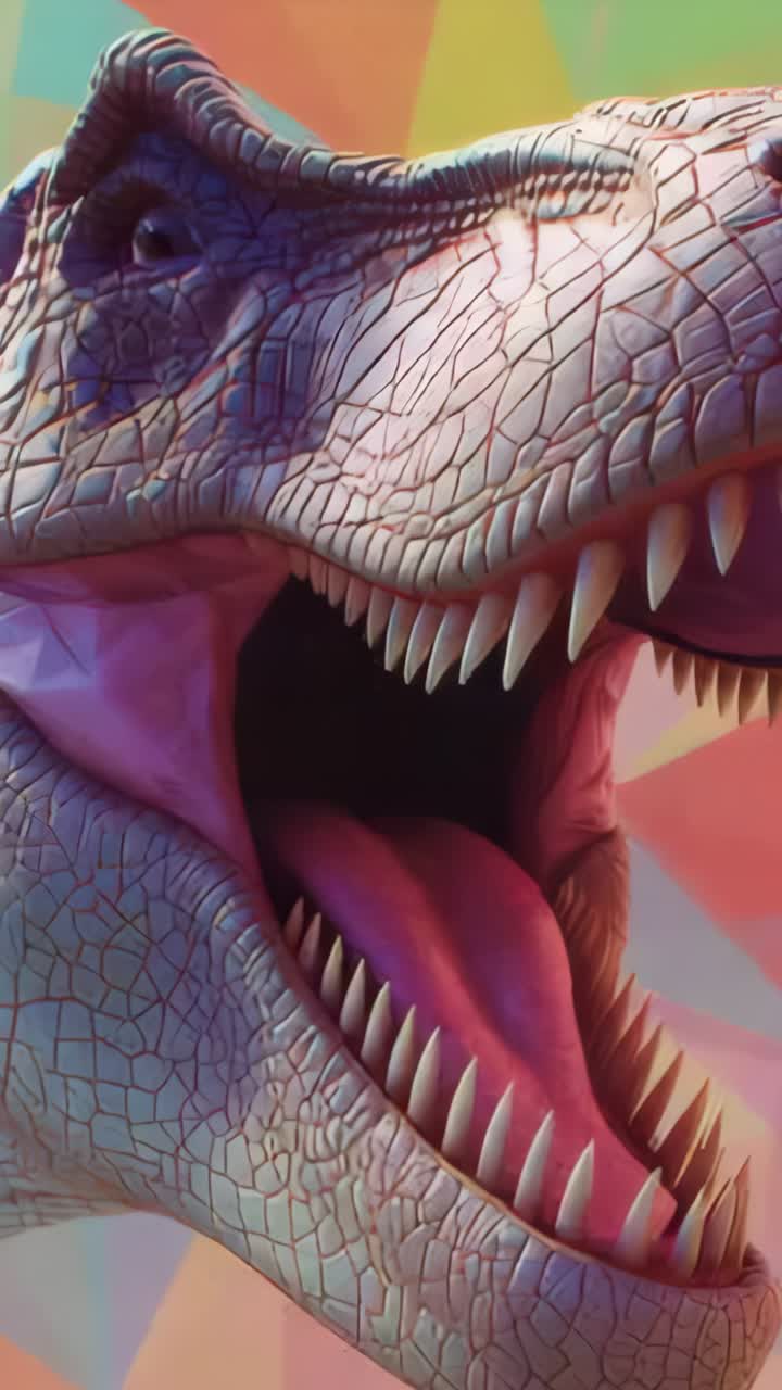 Vertical video: Upon loading roaring 3D dinosaur head opening then closing jaws in studio, pastel
