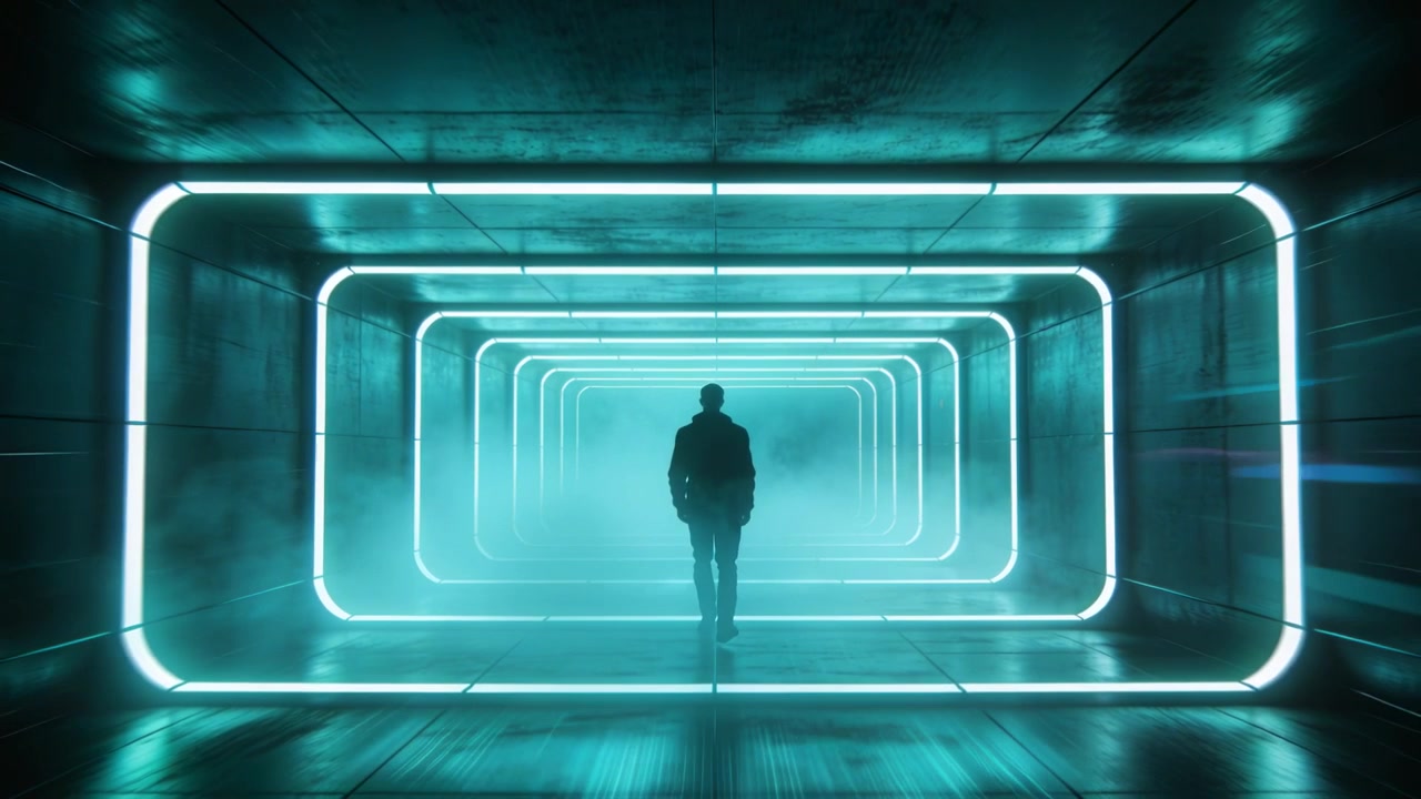 Uomo retroilluminato in cappotto scuro che cammina verso una luce di uscita brillante in un corridoio al neon, con la nebbia che riflette.