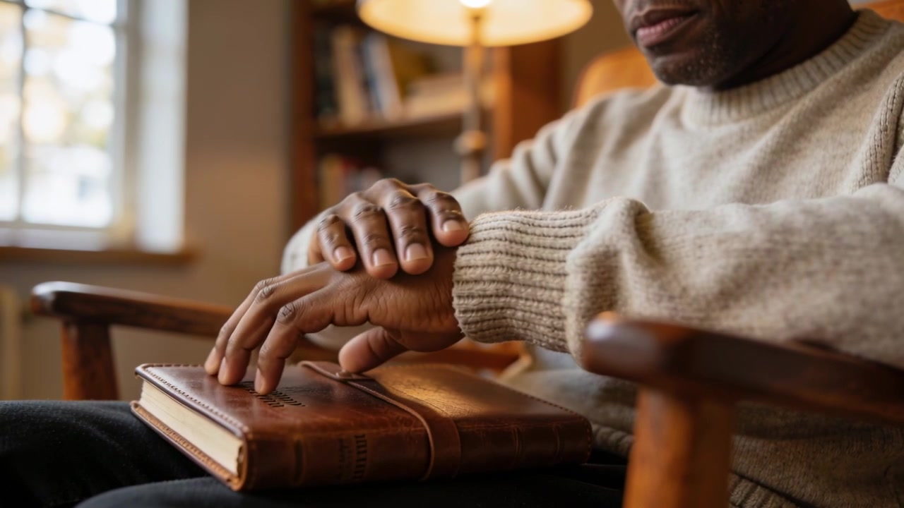 Noticing cuff, man adjusting sweater smoothing wrist placing hands on leather journal at home