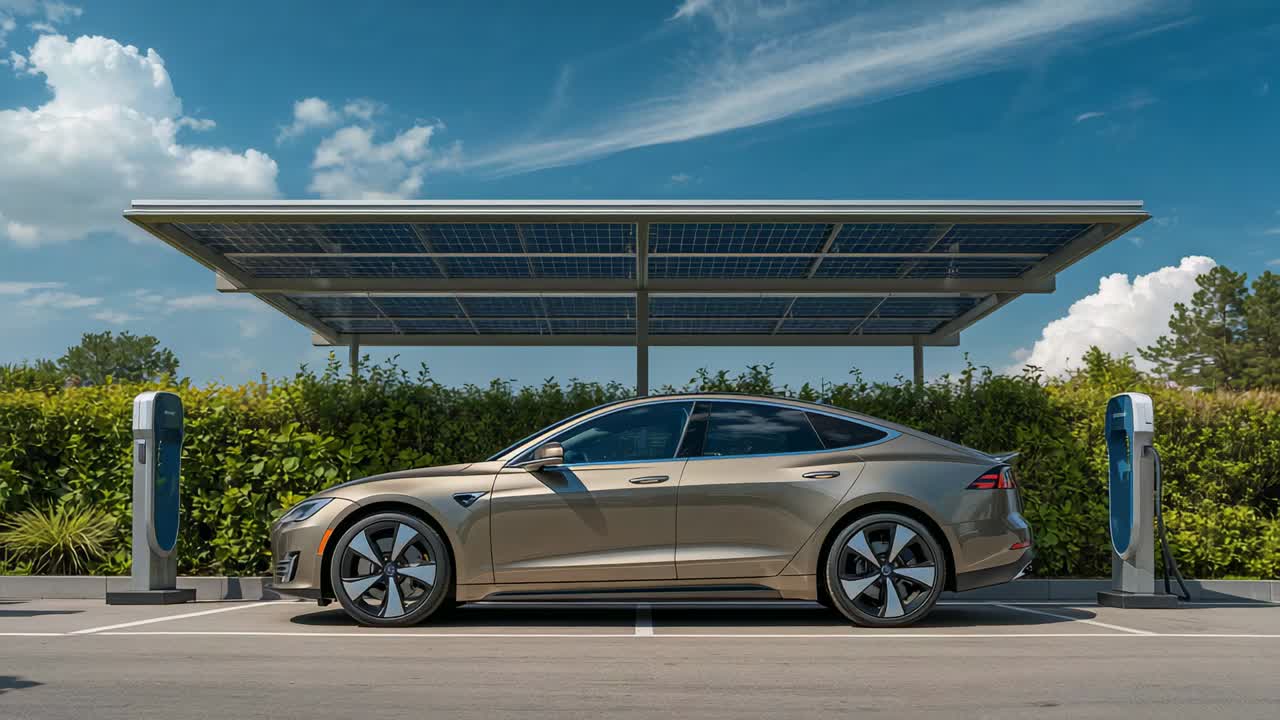 Cam starting capture, beige gold EV sedan remaining parked under solar canopy with chargers