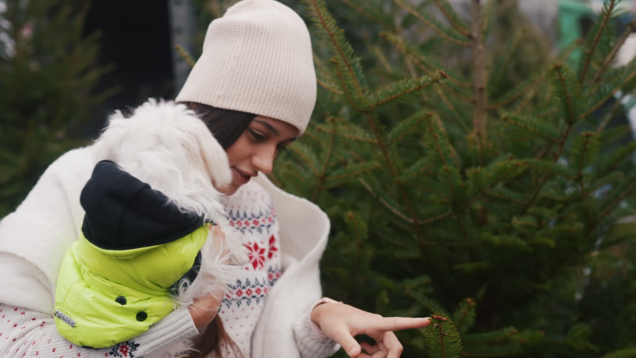 mujer y perro eligiendo un árbol de navidad