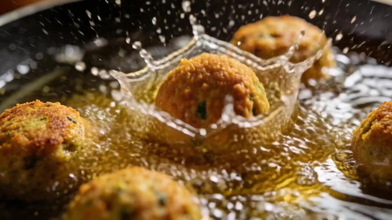 Dropping herb-flecked batter ball creating crown splash with oil droplets in frying pan to cook