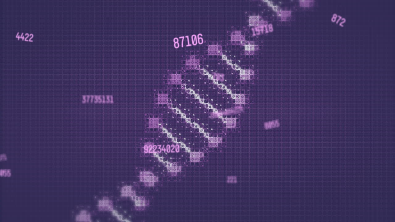 animación de procesamiento de datos digitales y cadena de adn en fondo oscuro