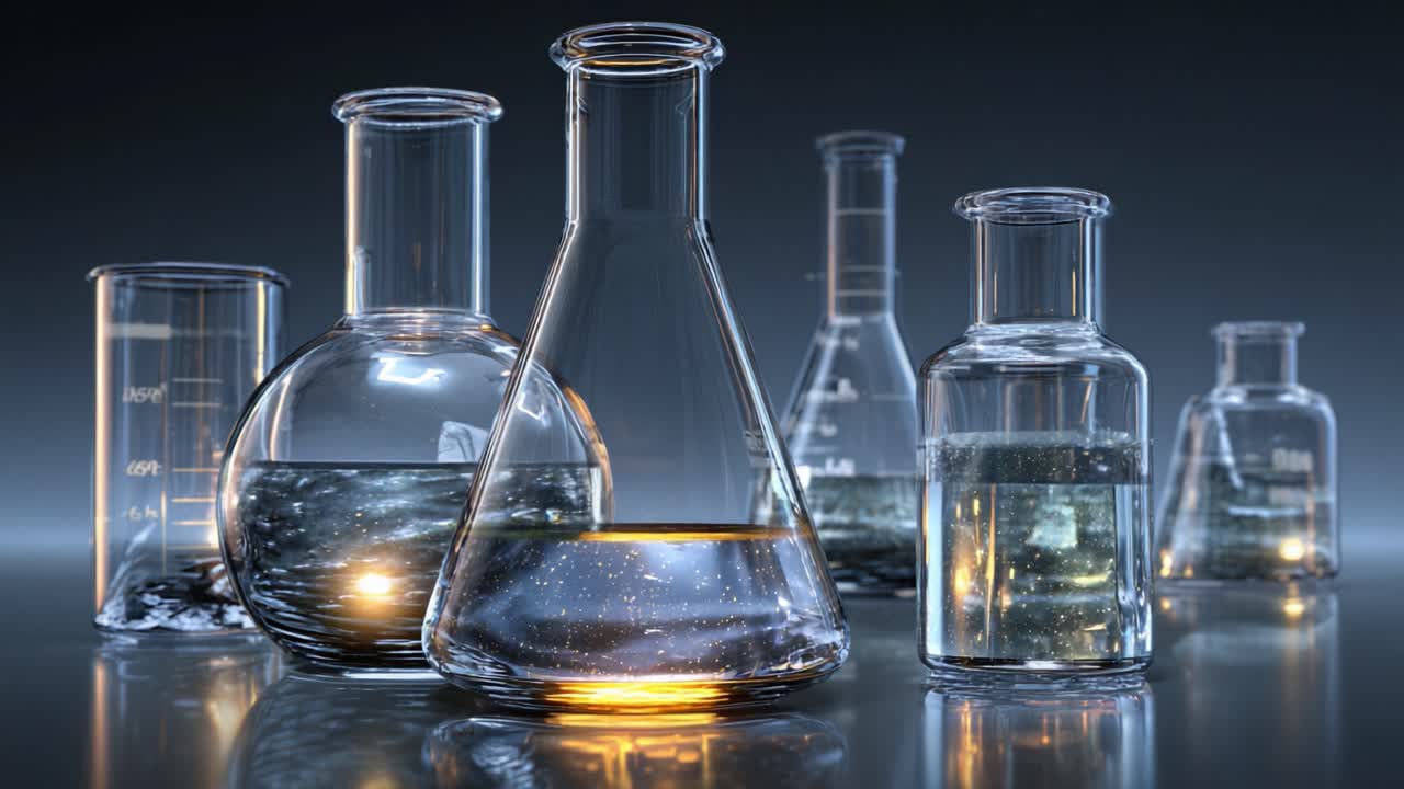 An Array of Lab Glassware Featuring Various Flask Shapes and Liquid Contents Under Soft Lighting, Capturing the Essence of Scientific Inquiry and Experimentation