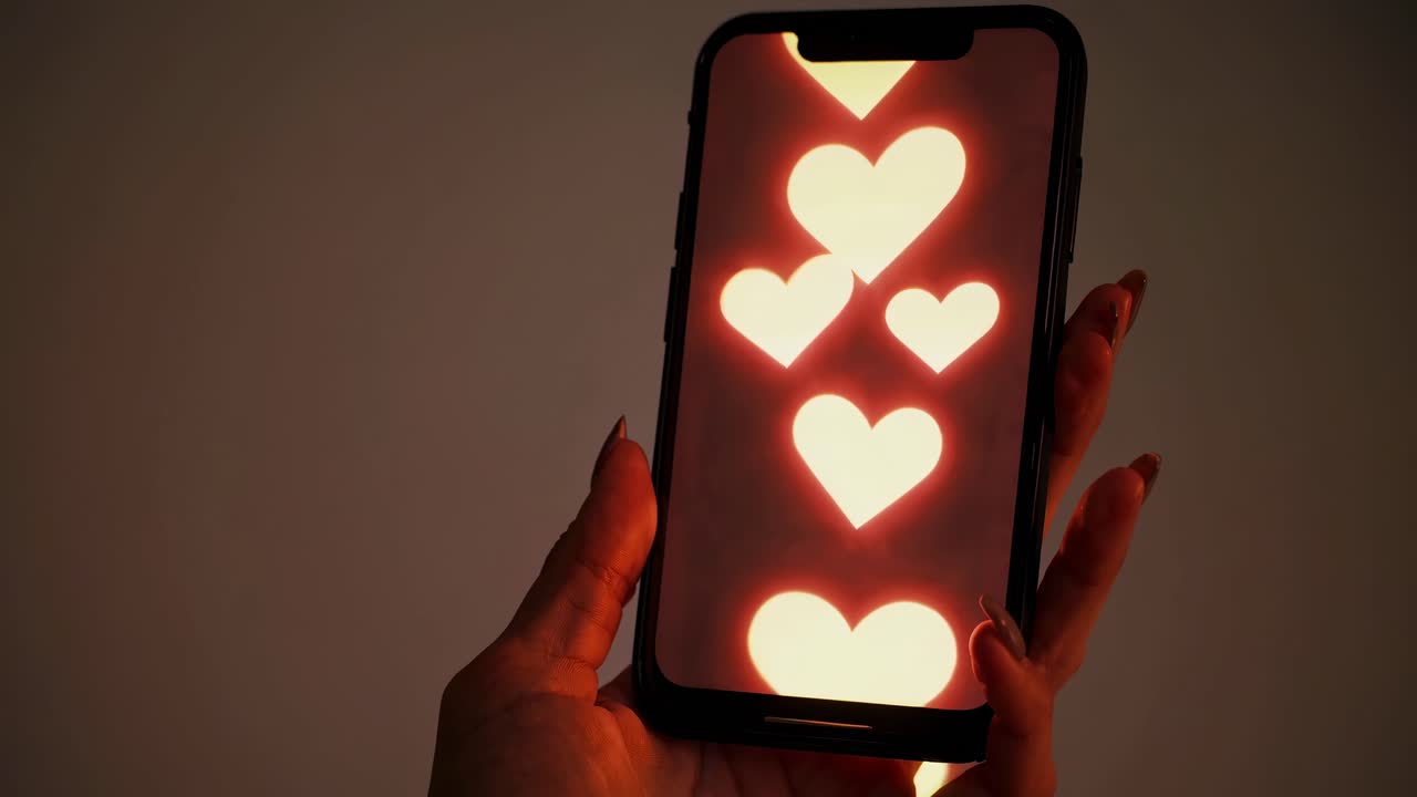 mujer sosteniendo un teléfono inteligente con iconos de corazón brillantes
