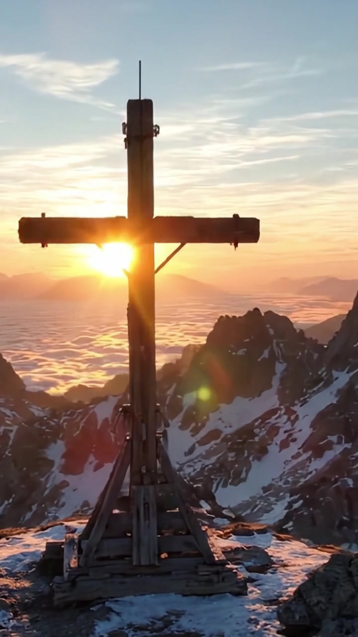 Una maestosa croce di legno si erge alta contro la vibrante alba sopra cime innevate, catturando la bellezza della natura e la riflessione spirituale.