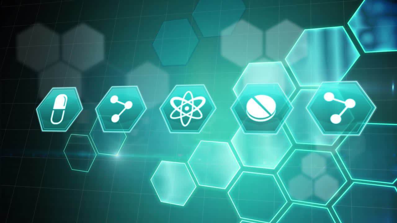 녹색 배경에 있는 의료 육각형 아이콘 네트워크의 애니메이션