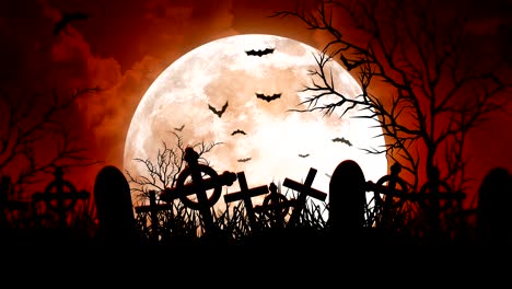 holloween cemetery and moon and bats