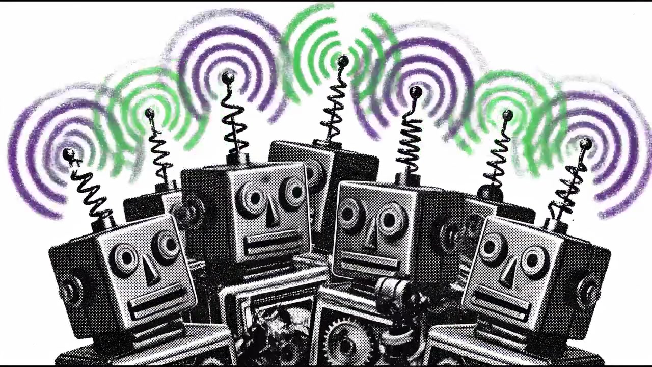 Vintage Style Robots Emitting Wireless Signal Waves