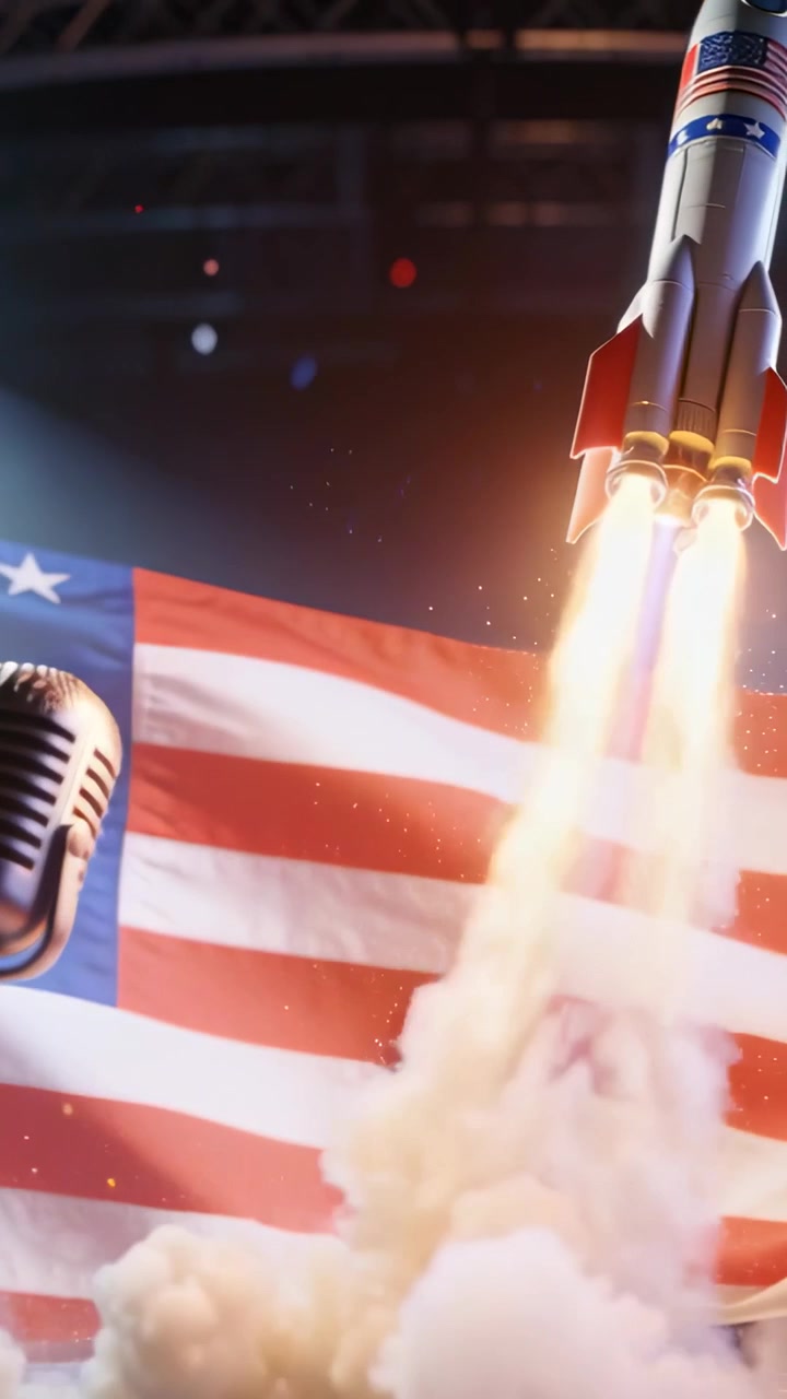 Vertical video: Firing US rocket rising at arena with flag, runner sprinting past mic, copy space