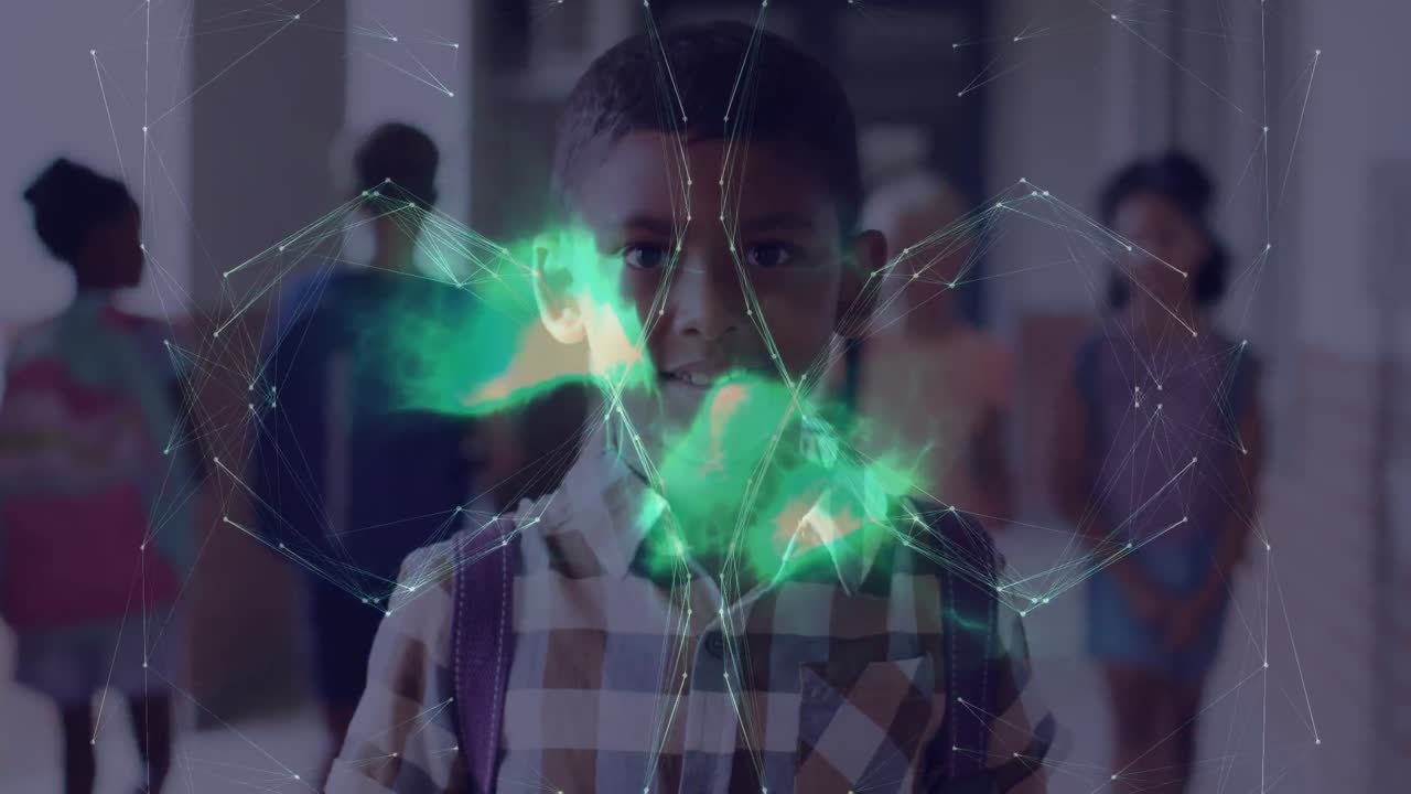 Animation of globe of connections over diverse schoolchildren