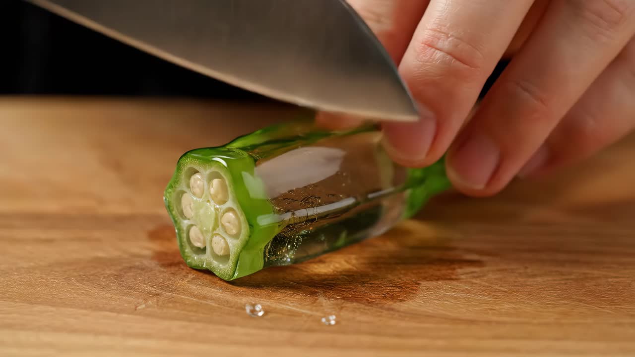 Cutting okra with a knife