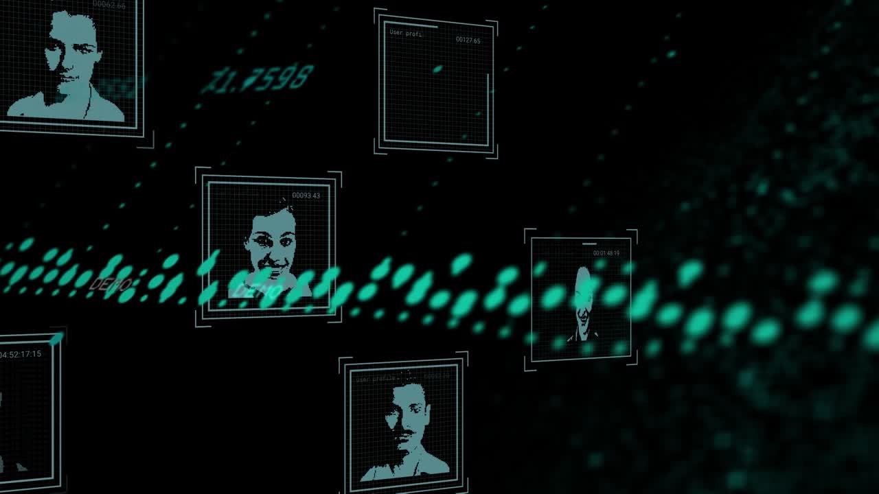 Animation of data processing with people over black background