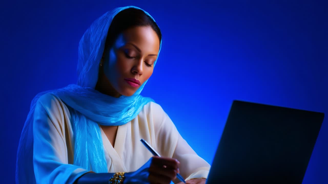 A focused woman dressed in traditional attire and a vibrant blue scarf, deeply engaged in writing notes while illuminated by a soft blue light, creating an atmosphere of concentration and creativity