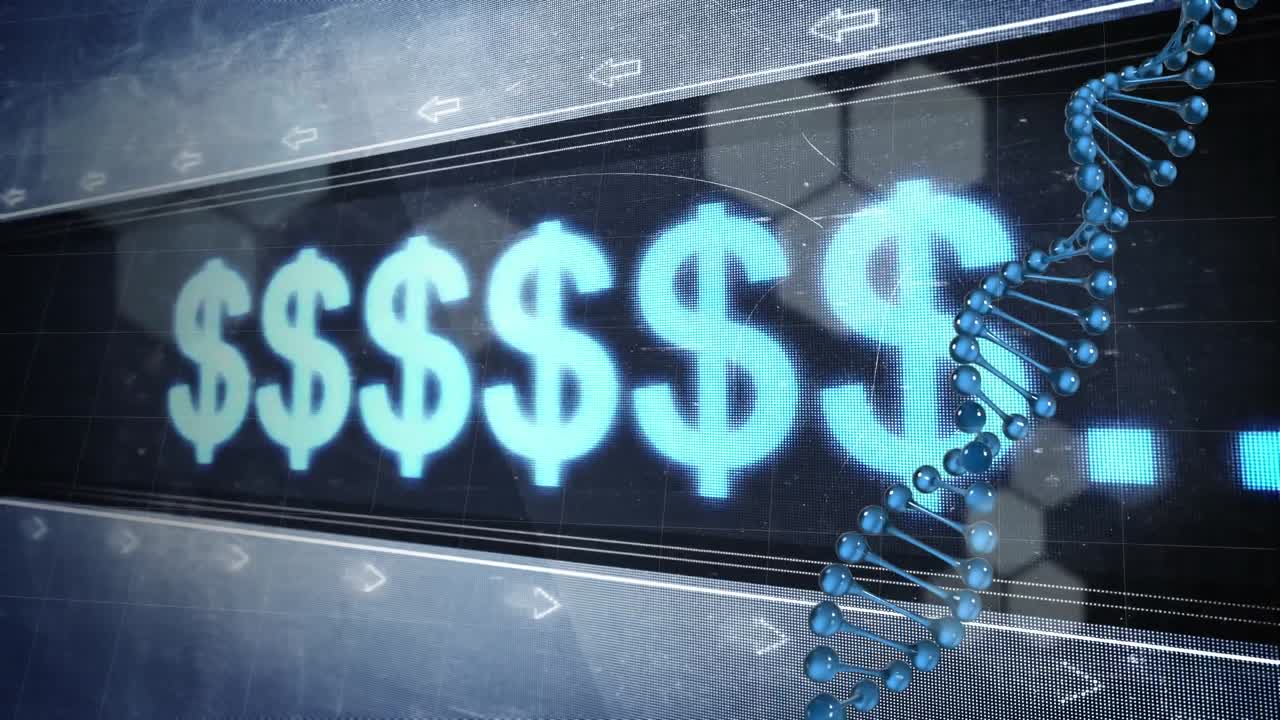 화폐 기호가 바뀌는 모니터로 dna 균형을 회전시키는 애니메이션.