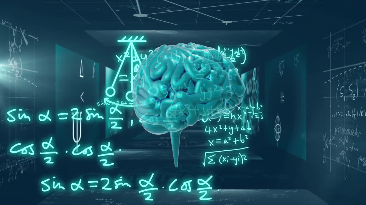 Animation of human brain and mathematical data processing on green background