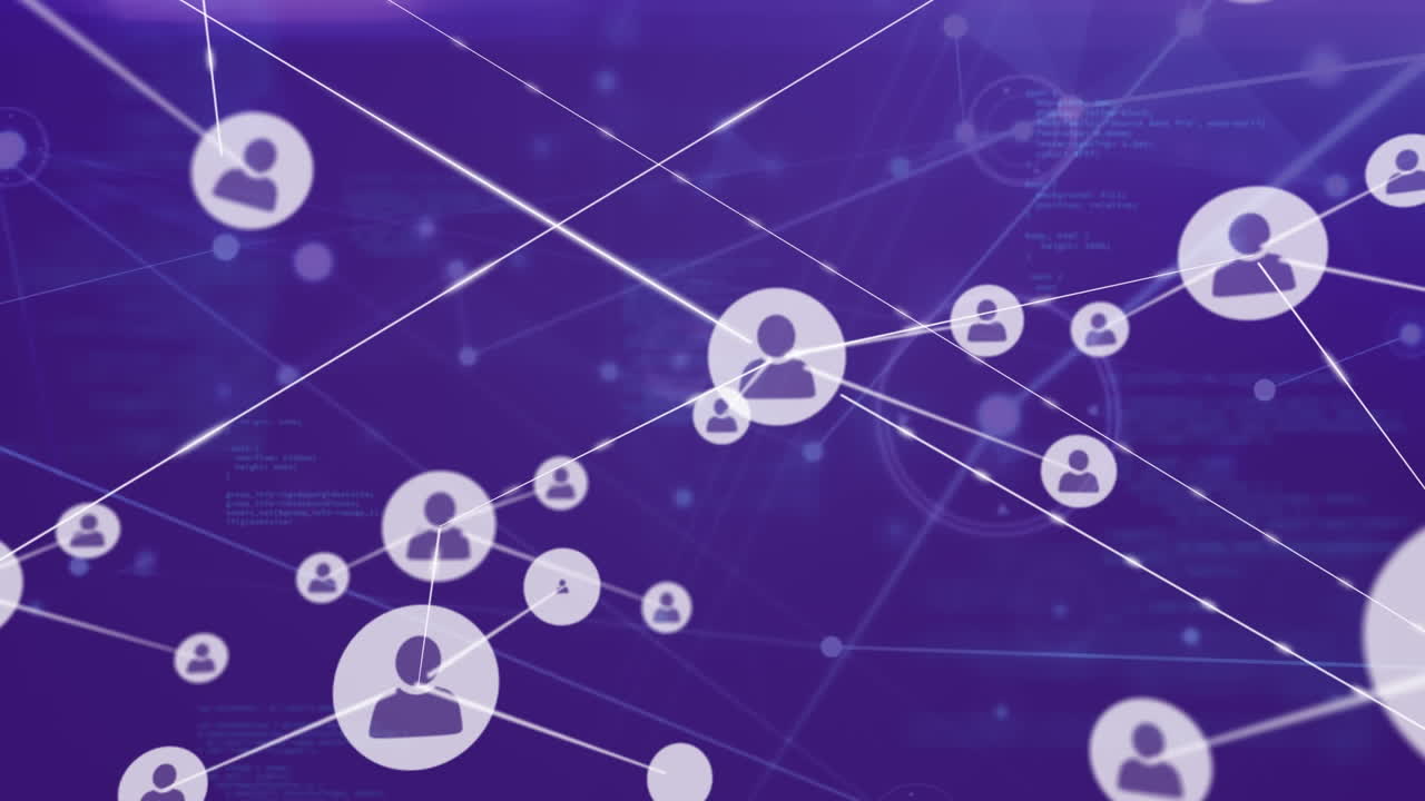 Animation of network of profile icons and data processing against purple background