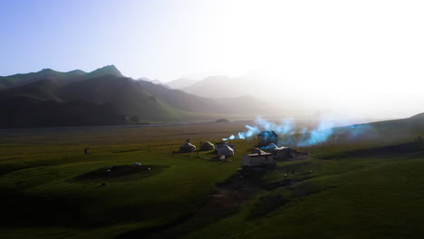 aerial view of a small village of yurts in the breathtaking alpine wilderness of kyrgyzstan