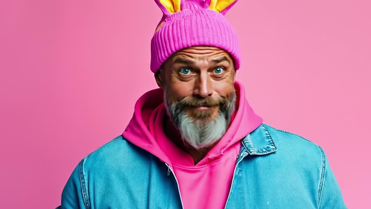 A man wearing a pink hat and a blue jacket