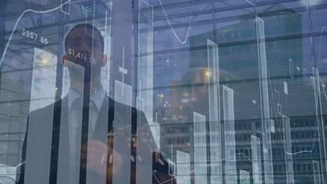 animation of data processing over caucasian businessman walking
