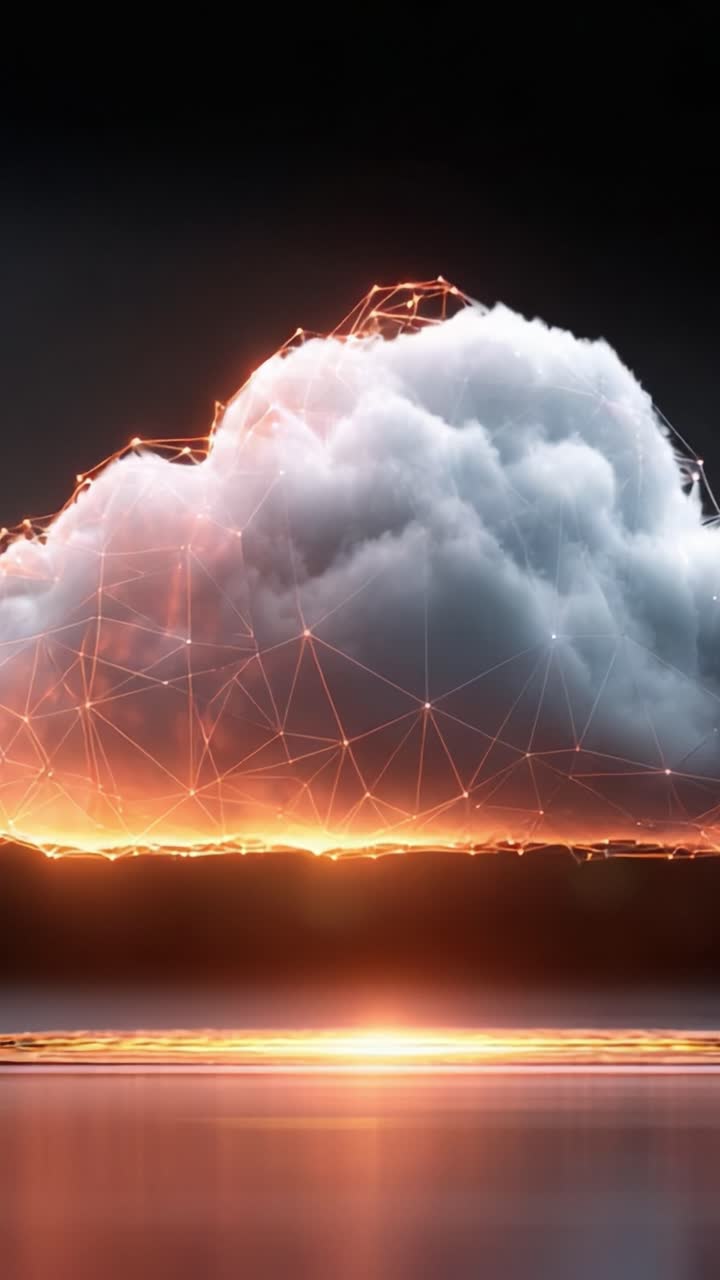 Fantastisk visuelt billede af en abstrakt sky dannet af digitale forbindelser, der udstråler varme nuancer og er placeret mod en spektakulær horisont
