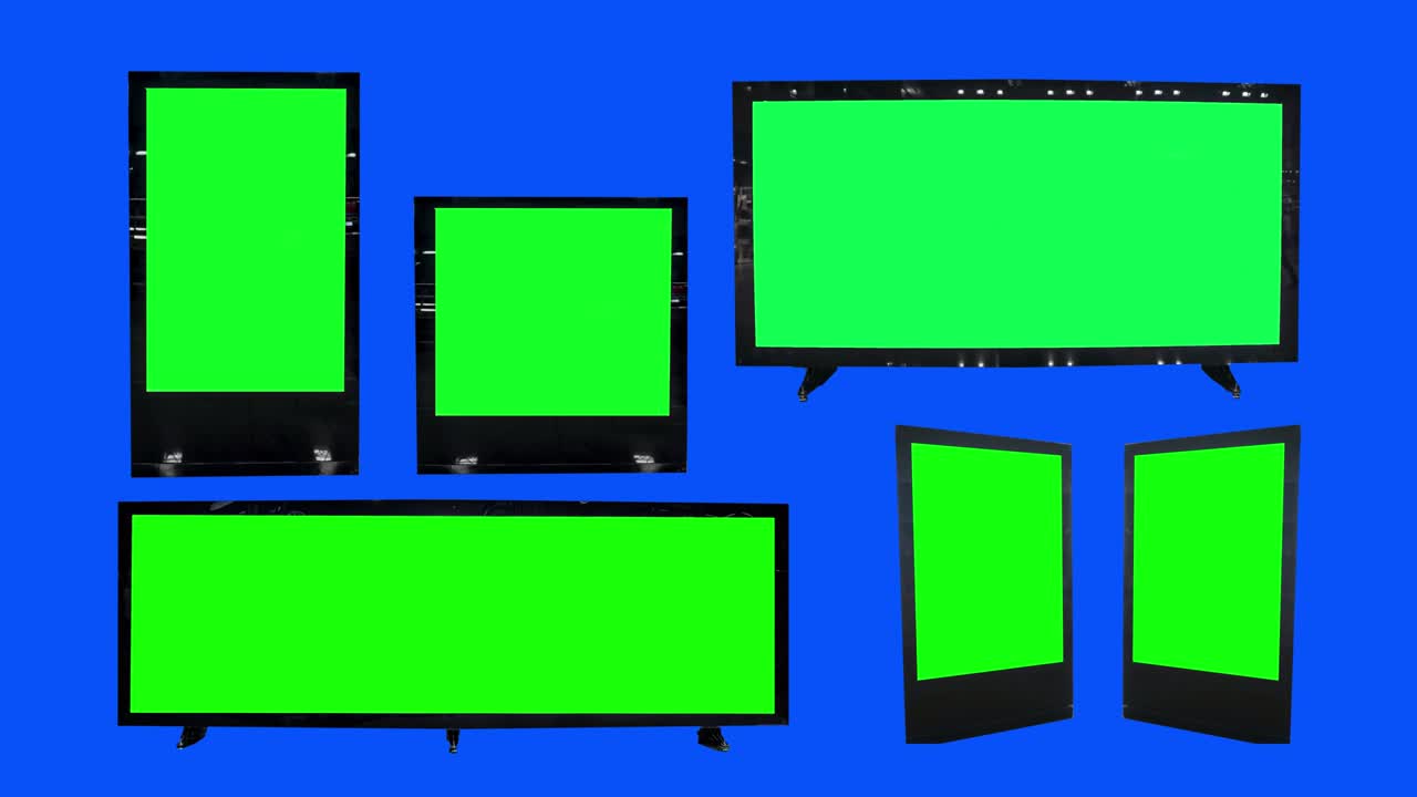 마 키, 3d 광고판 모, 녹색 스크린, 파란 스크린 배경의 빈 배너, 몇 개의 빈 보드.