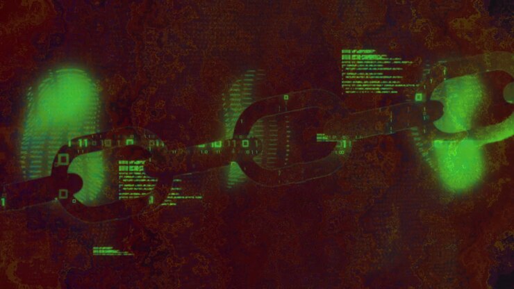 Three chain links glowing in dark cyberspace, showing floating binary digits and green code