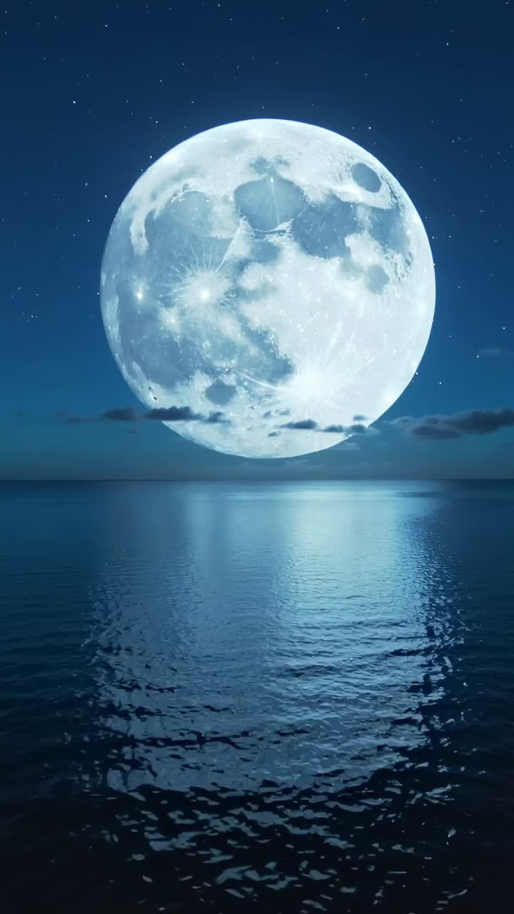 Vídeo vertical: lua cheia brilhante projetando um caminho luminoso sobre o oceano, brisa suave iniciando ondulações