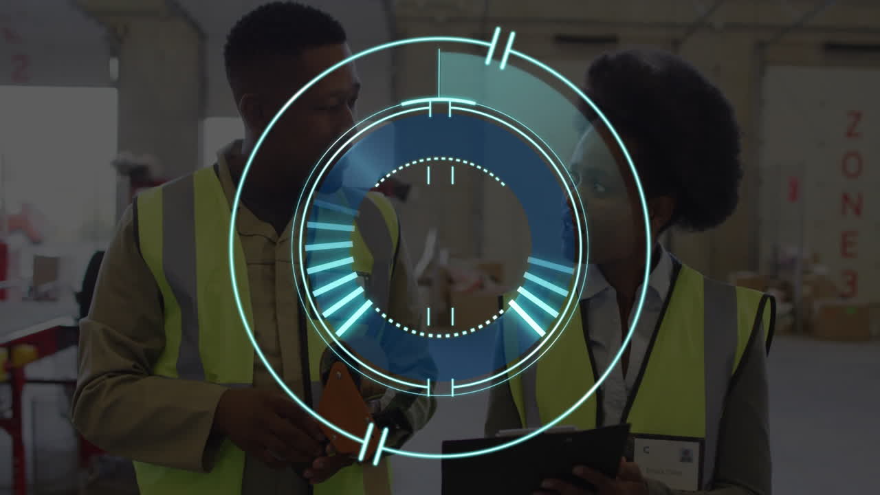 In animation, workers in safety vests discussing using digital interface overlay