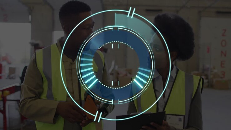 I animation, arbejdere i sikkerhedsveste diskuterer brug af digitalt interface-overlay.