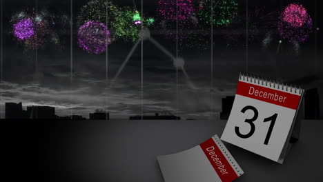 animación de la página del calendario del 31 de diciembre y fuegos artificiales en paisajes de invierno