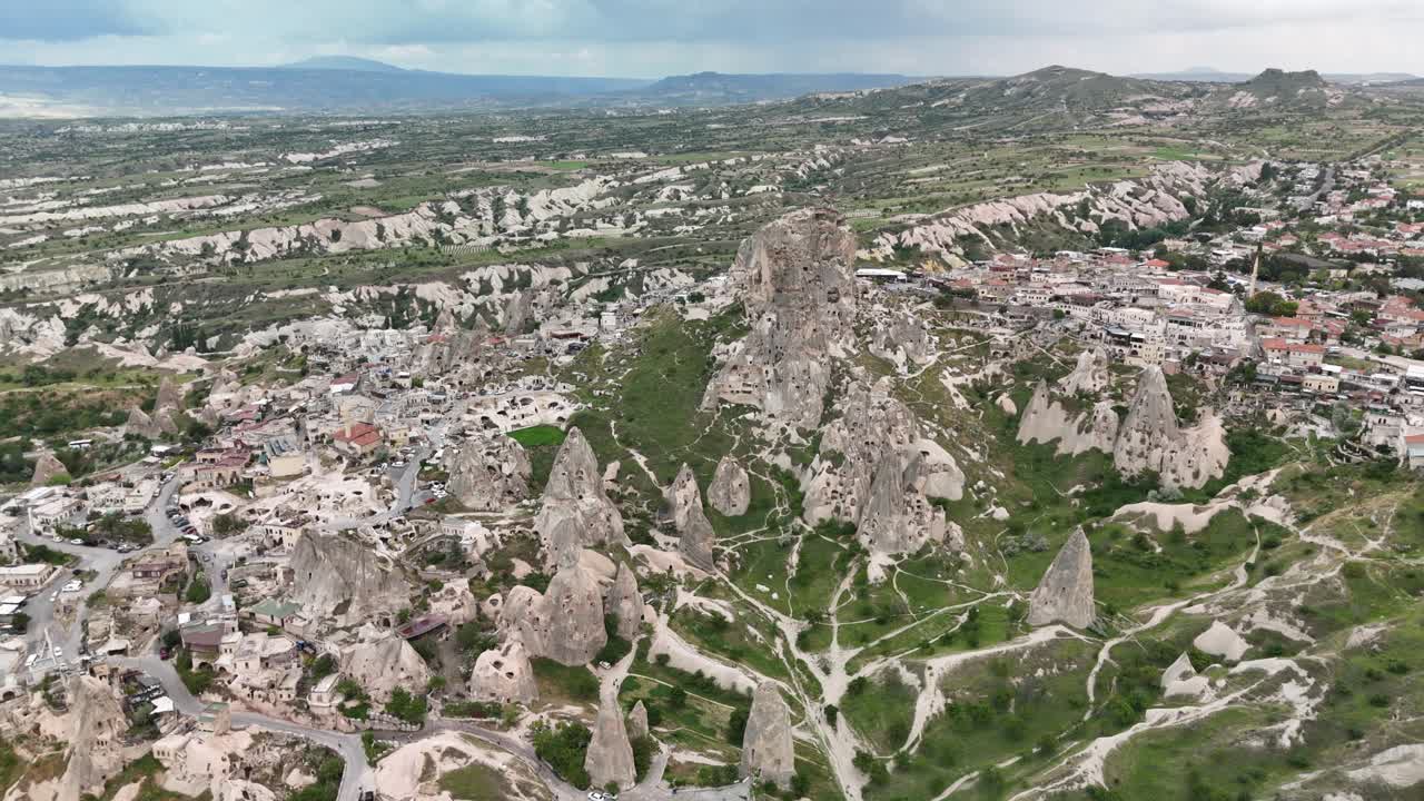Aerial view of Cappadocia's unique rock formations and landscape