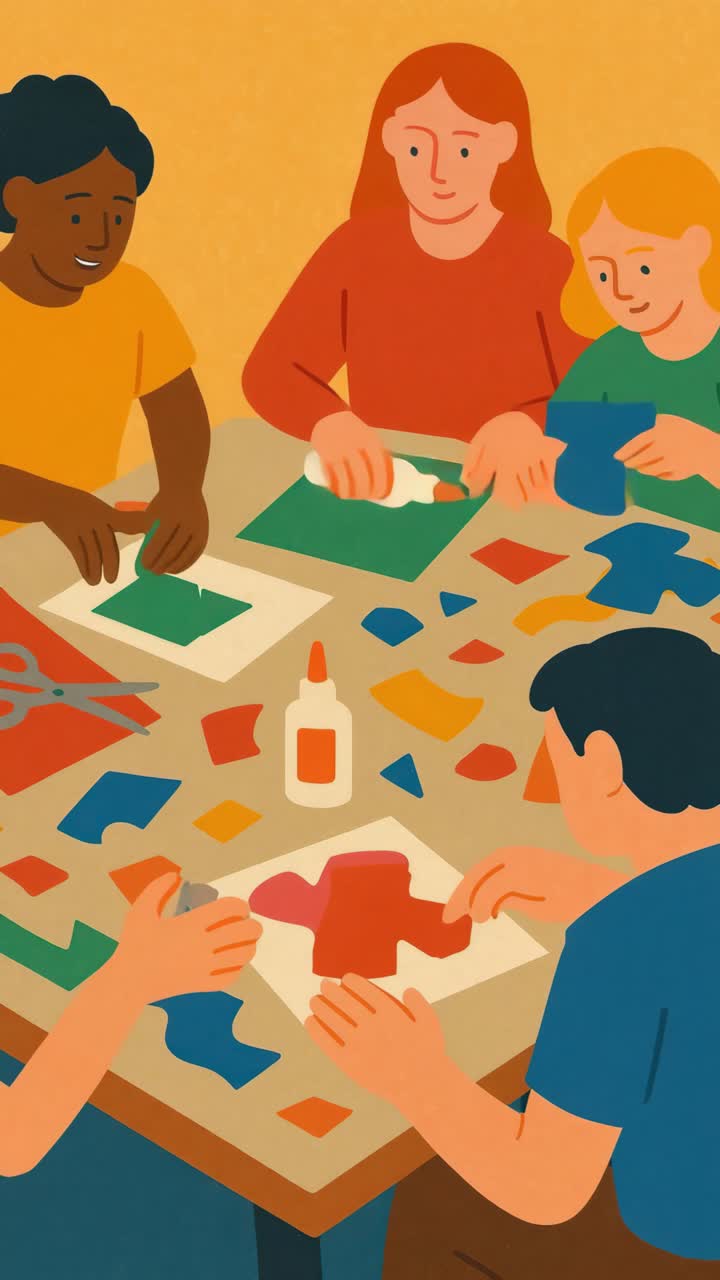 Illustration of diverse group crafting at a table, viewed from above ...