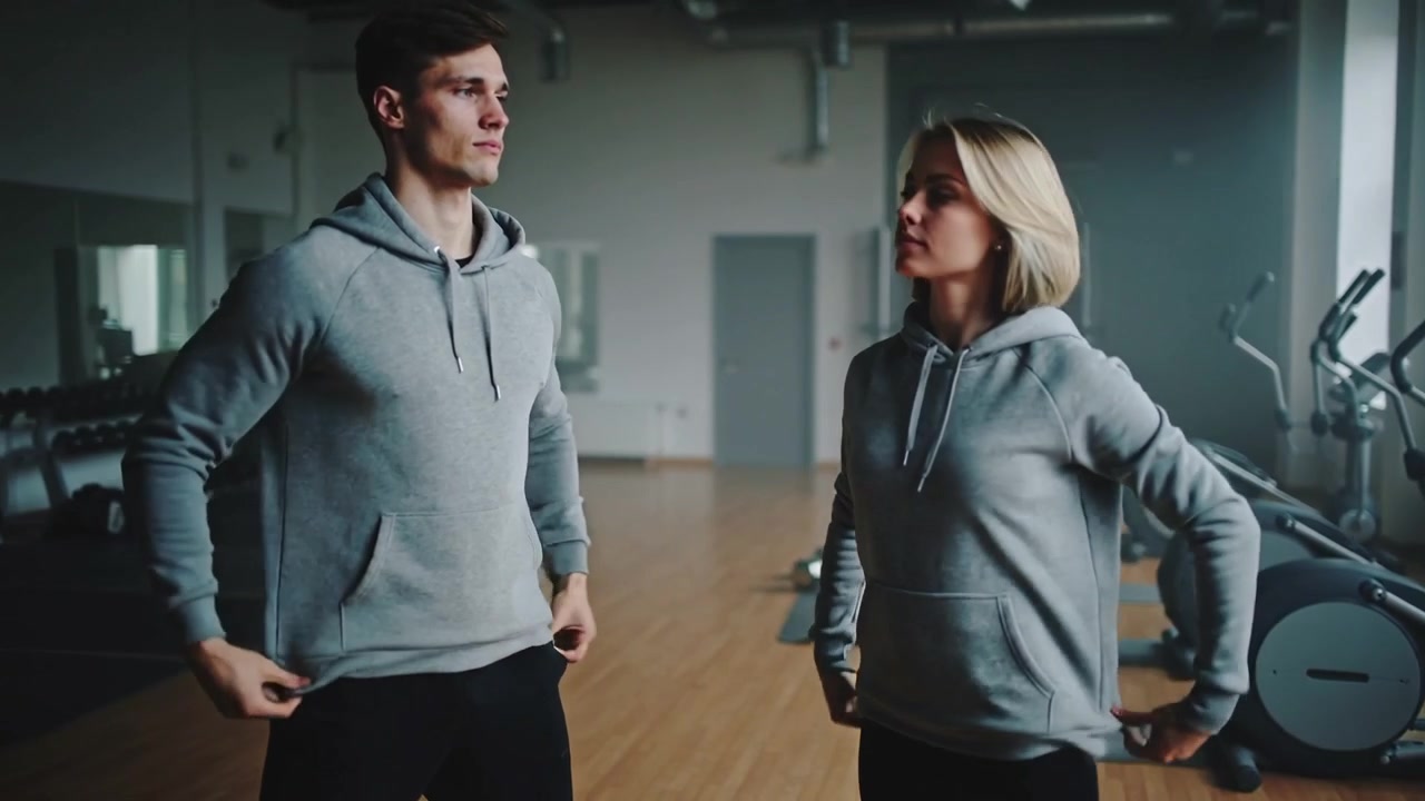 Uomo e donna iniziano il riscaldamento, sollevando felpe grigie con cappuccio, rivelando gli addominali e un reggiseno sportivo nero in palestra.