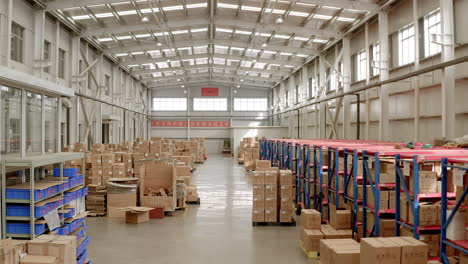 A large warehouse of a Chinese factory filled with hundreds of packaged goods