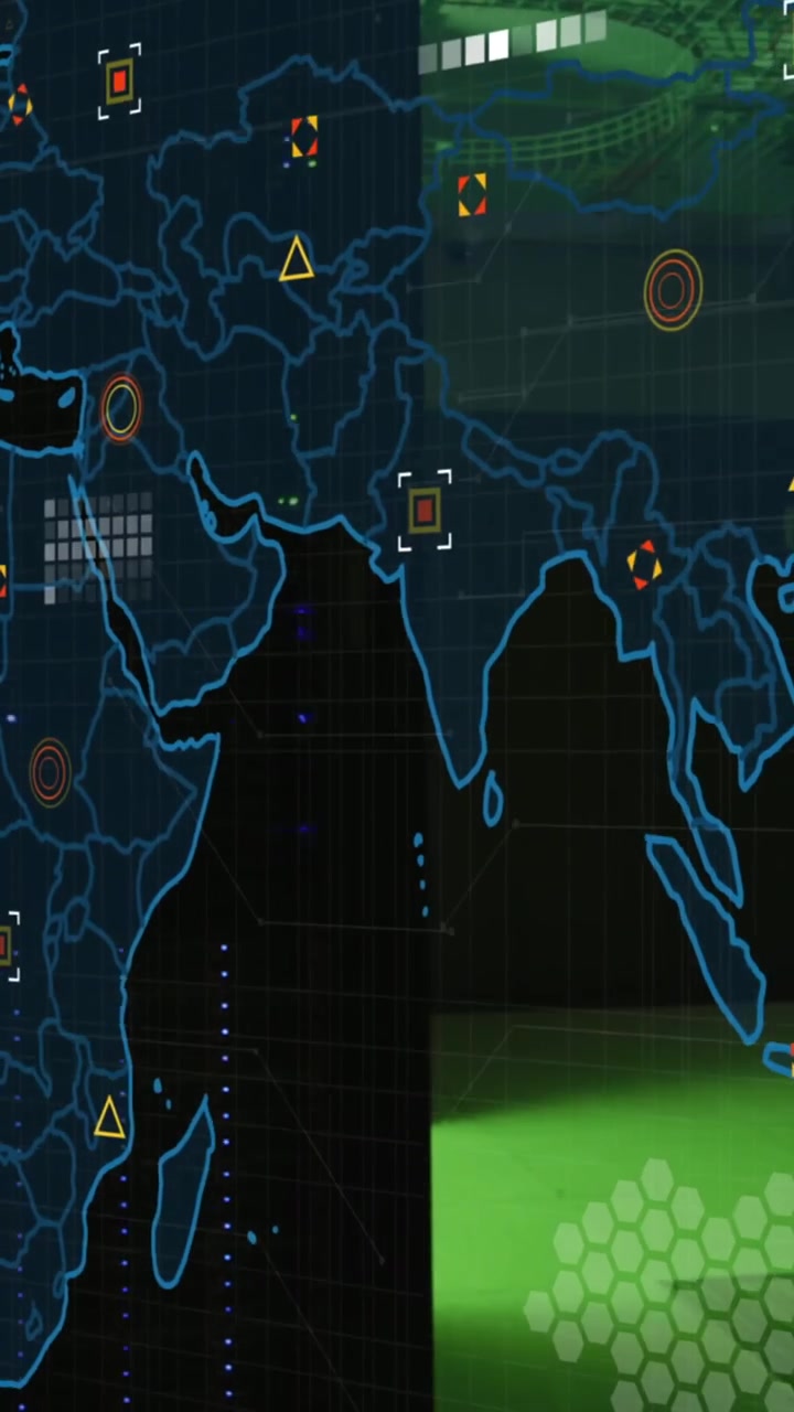 Animation of microprocessor connections over world map against computer server room