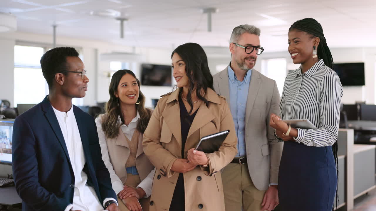 Tablet, collaboration and a business team talking