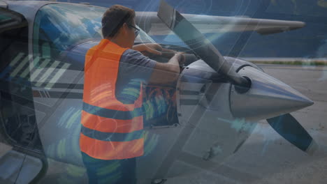 aviation mechanic inspecting engine on tarmac, overlaying animated propeller rpm gauge chart