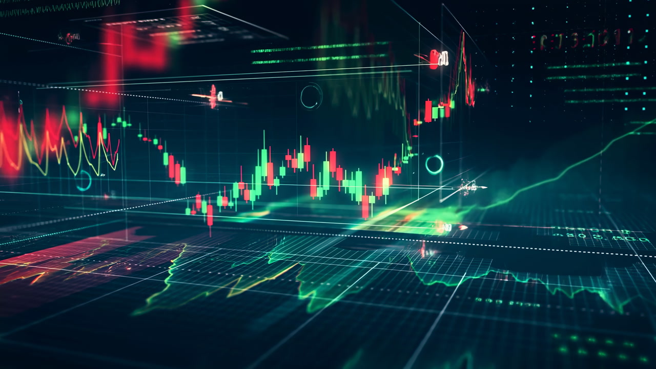 Digital Stock Market Charts Showing Candlestick Momentum, Neon Grid, Holographic Data Overlays, Rising Green