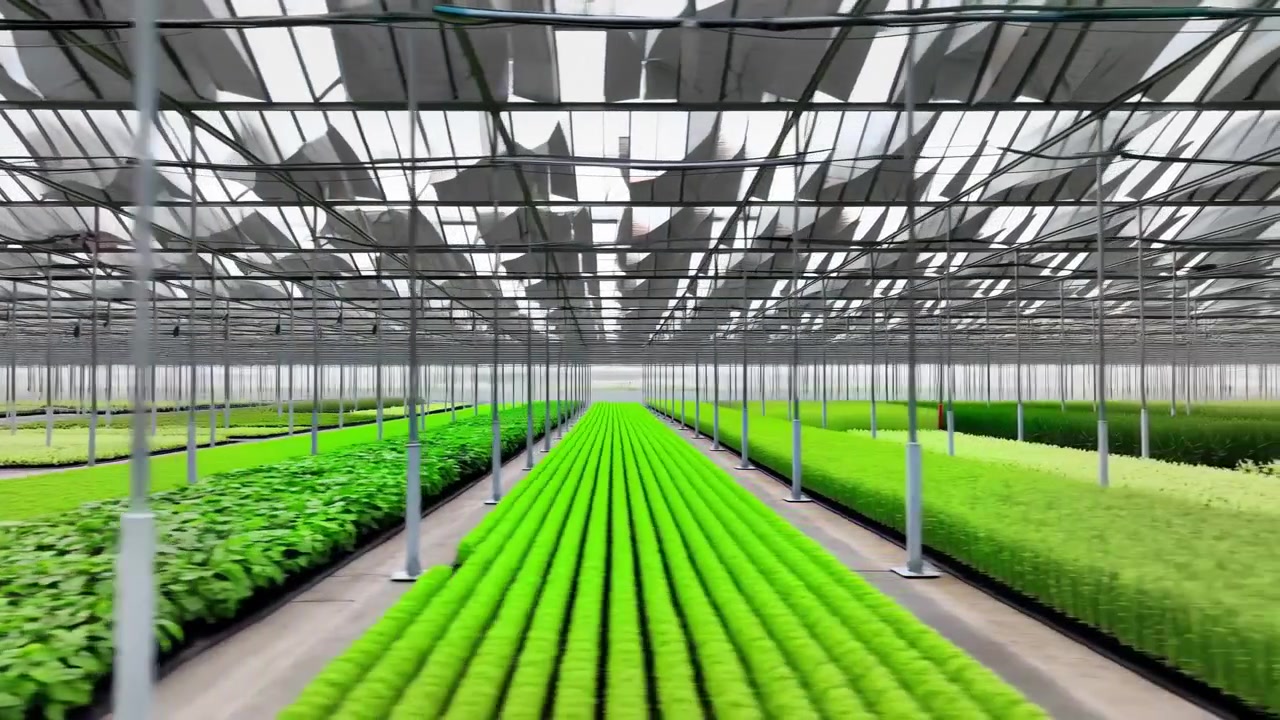 Et bredt sidebillede af et industrielt drivhusinteriør med rækker af planter, glaspaneler og en metalramme. Scenen viser en neutral og produktiv atmosfære, ideel til dyrkning.