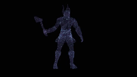 A-blue-hologram-of-a-Viking-warrior-ready-to-attack,-holding-an-axe-in-his-hand,-on-black-background,-3D-animation