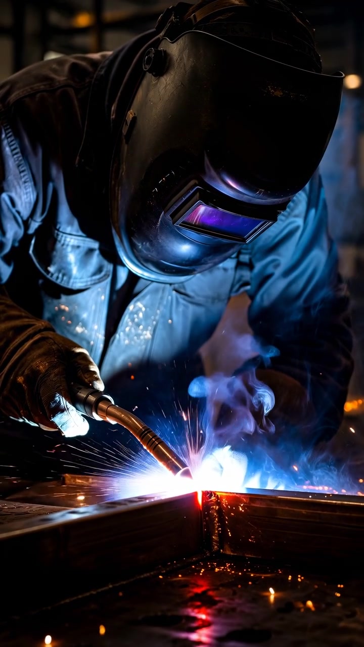 Close-up view of helmeted welder performing MIG weld on intersecting steel sections, gloved hand guiding torch along seam with bright blue-white arc, molten pool, rising smoke, and orange sparks