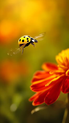 yellow ladybug in flight near a vibrant flower