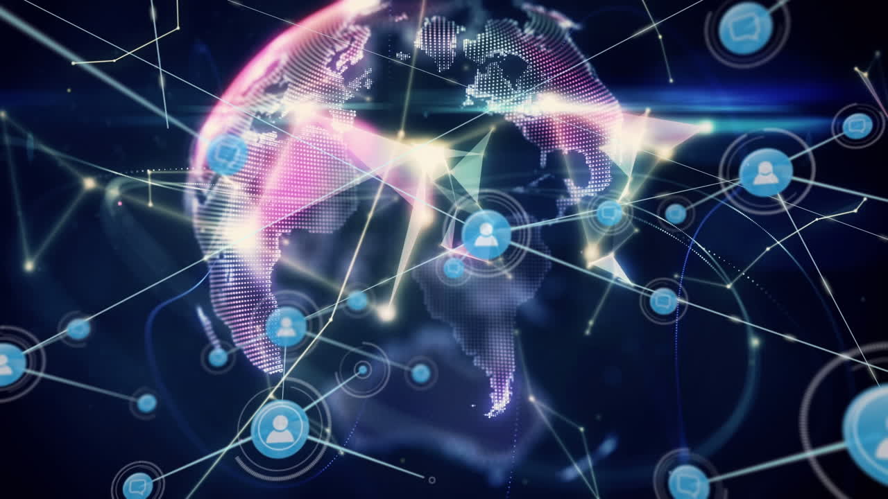 빛나는 지구를 통해 데이터를 전송하는 사람들의 네트워크 아이콘의 애니메이션