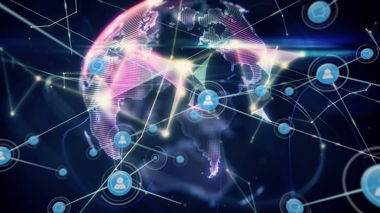 Animation of growing network of people icons transferring data over glowing globe