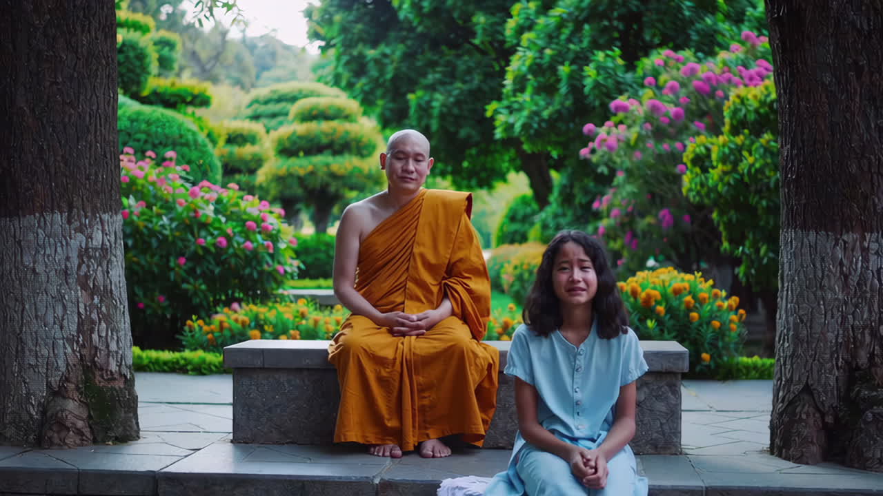 monaco buddista e ragazza in un giardino del tempio