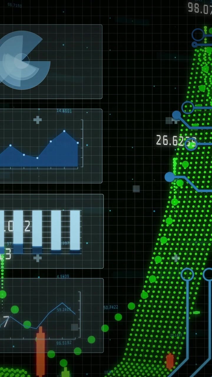 Digital data charts and graphs over circuit board animation on dark background