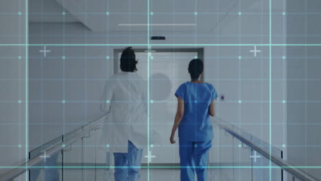 walking in hospital corridor, healthcare professionals with digital grid animation